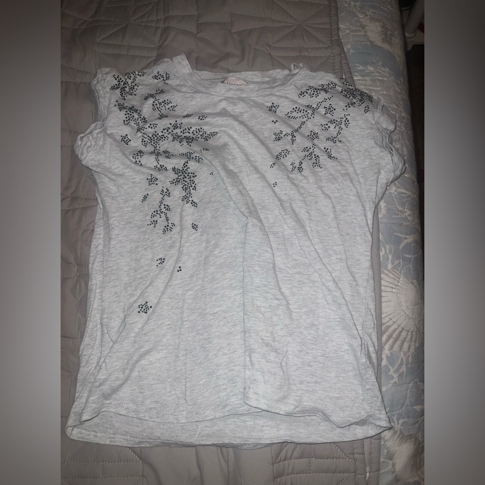 Philosophy Light Grey Rhinestone Rolled Sleeves T Shirt Womens XXS